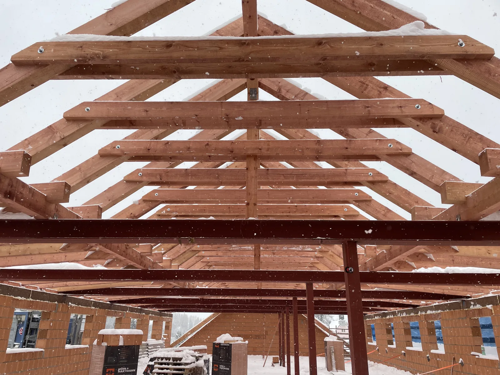 Roof truss, timber roof structure during assembly